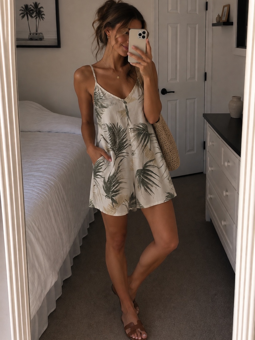 Palm-Print Slip Romper in Cream & Green